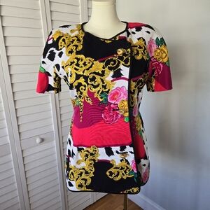 Constance Saunders Multicolor Baroque Floral Cotton Tunic‎ Size 14 80s Glam